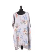 Linen Floral Print Dress - Light Grey
