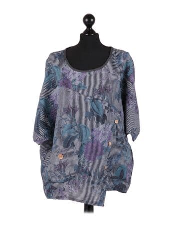 Floral Stripe Print Top - Charcoal