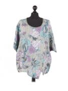 Floral Stripe Print Linen Top - Khaki