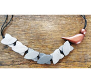 Metallic Wooden Bird & Leaves Necklace