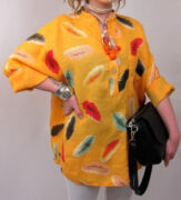 Linen Feather Print Top - Yellow