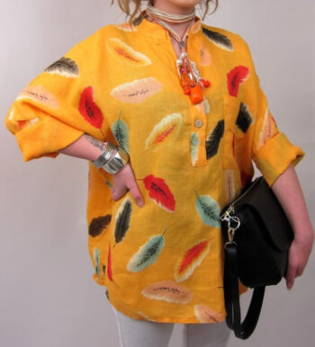 Linen Feather Print Top - Yellow