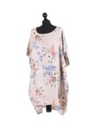 Linen Floral Print Dress - Beige