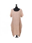 Side Buttoned Cotton Linen Dress - Caramel