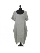 Side Buttoned Cotton Linen Dress - Khaki
