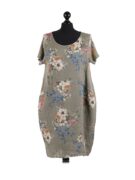 Linen Floral Print Dress - Khaki