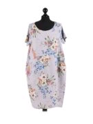 Linen Floral Print Dress - Grey