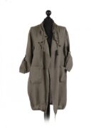Linen Tab Sleeve Drawstring Jacket - Khaki