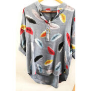 Linen Feather Print Top - Denim