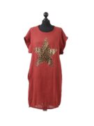 Linen Cotton Leopard Star Dress - Rust