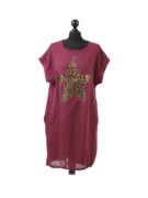 Linen Cotton Leopard Star Dress - Wine