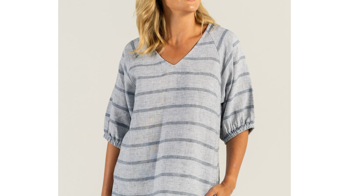 Buy See Saw V-Neck Linen Blue/White Stripe Top · The Wool Room