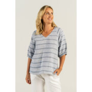 See Saw V-Neck Linen Blue/White Stripe Top