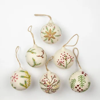 Hand Embroidered White Wool Felt Baubles