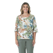 Maglia 3/4 Sleeve Linen Top - Leaf Print