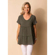 Imagine Fashion Nessa Linen Cotton V Neck Top Khaki