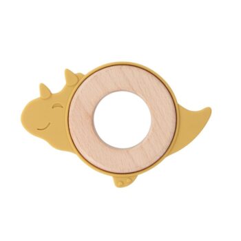 Dlux Baby Dinosaur Wood & Silicone Teether - Mustard
