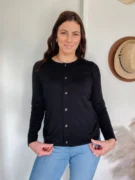 Ebony Merino Wool Crew Neck Buttoned Cardigan Black
